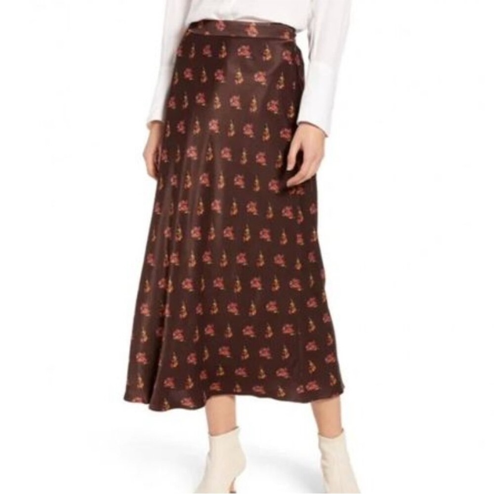Something Navy Floral A-Line Midi Slip Skirt Brown XS